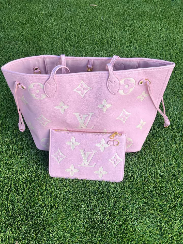 Pink Monogram Style Tote Bag Set with Matching Zip Pouch